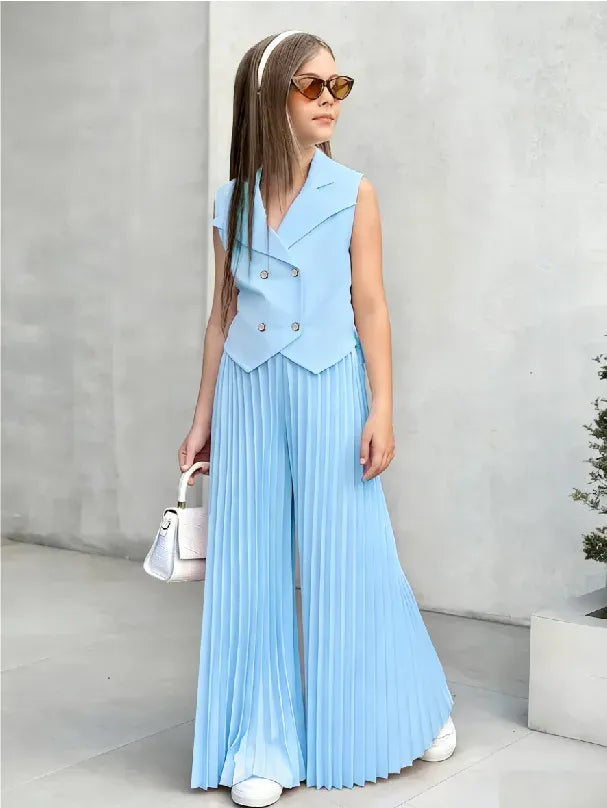 Little Girls 2-Pieces Western-Style Outfit for Girls: Sleeveless Blazer Top+Wide-Leg Pleated Pants