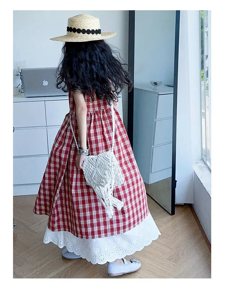 Summer Girls Retro Red Plaid Vest Dress 2-Piece Set Thin French Style Strappy Sundress Casual Vacation Outfit Teen Kids Clothes