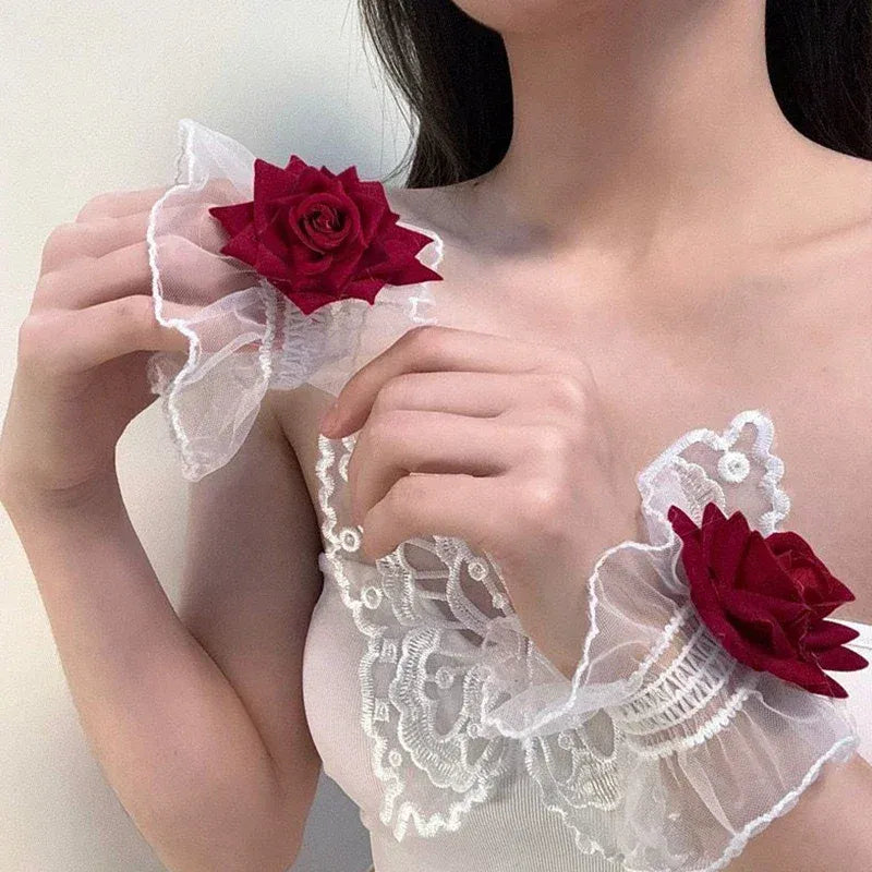 Dark Gothic Red Rose Wristband Flowers Mesh Hand Ornaments Fake Sleeve Detachable Lace Wrist Bands Bracelets Accessories