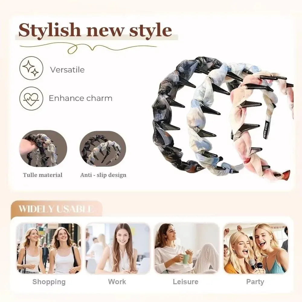Fashion Lace Mesh Hairband Pleated U Shape Hair Comb Toothed High Cranium Hair Hoop for Women Girls