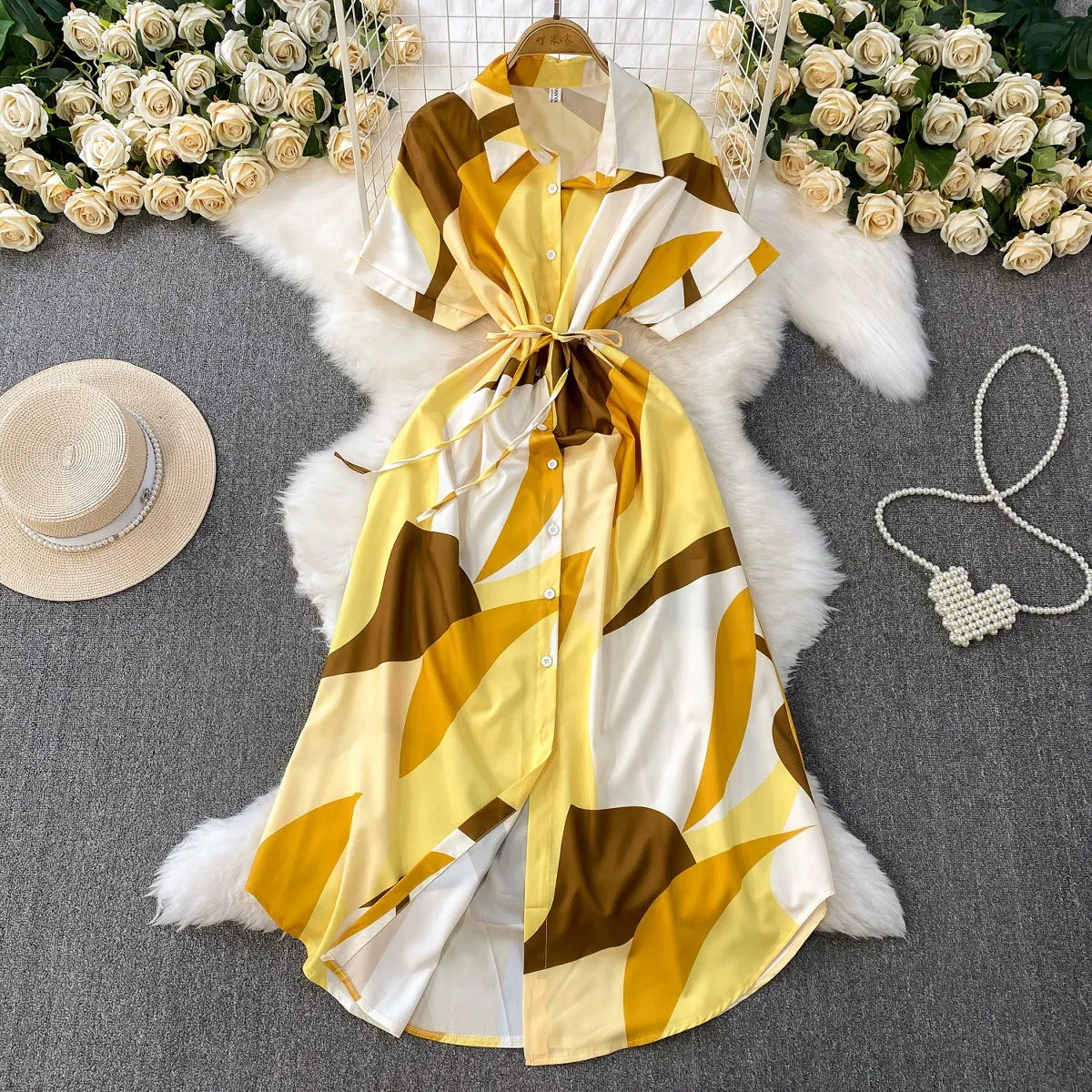 French-style printed collared shirt dress for women, summer vacation style