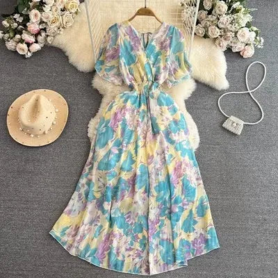 Cross-border summer gentle style short-sleeved V-neck waist-cinching A-line floral chiffon dress for beach vacation with a long skirt