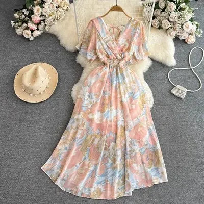 Cross-border summer gentle style short-sleeved V-neck waist-cinching A-line floral chiffon dress for beach vacation with a long skirt