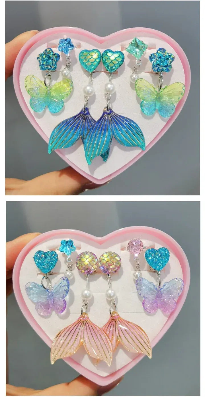 3pair Cute Children Ear Clip Earrings for Girl Without Ear Holes Sweet Mermaid Baby Ear Clip Set