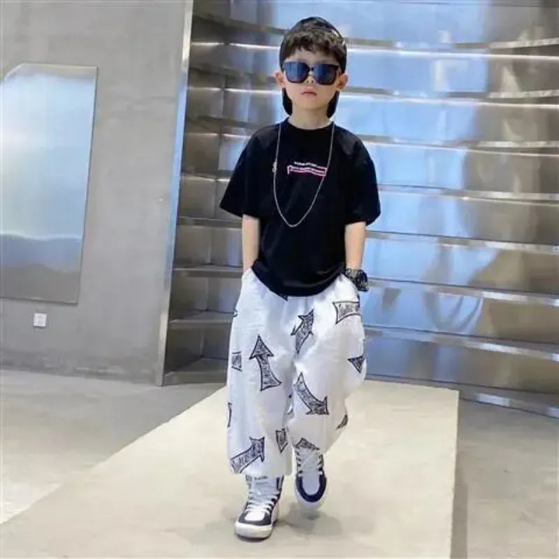 Children's Summer Set Korean Version Boy Hip Hop Loose Short Sleeve T-shirt Casual Mosquito Pants 2-piece Set