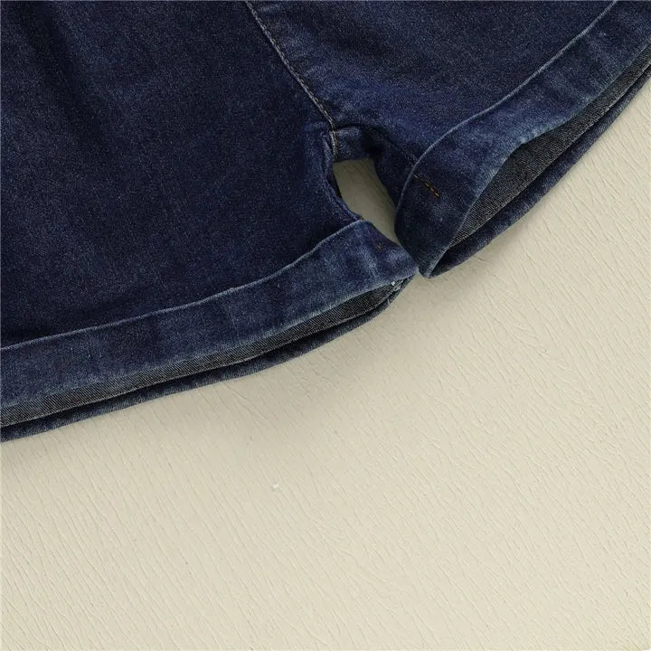 Baby Girls Summer Outfits Fly Sleeves Denim Tank Tops and Elastic Denim Shorts with Belt Set Fashion Children Kids Clothes
