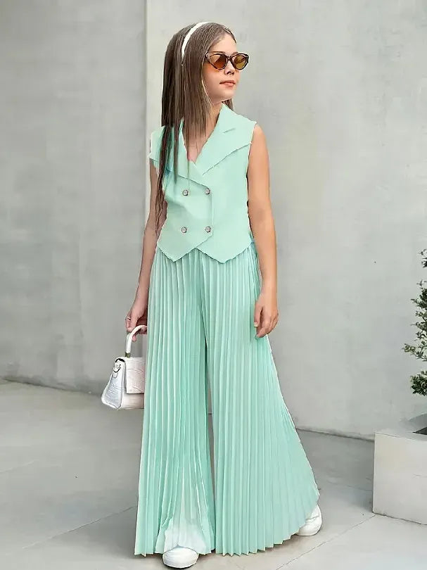 Little Girls 2-Pieces Western-Style Outfit for Girls: Sleeveless Blazer Top+Wide-Leg Pleated Pants