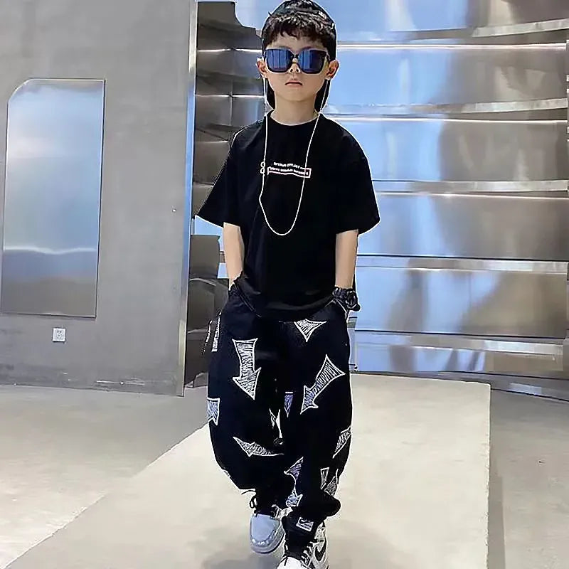 Children's Summer Set Korean Version Boy Hip Hop Loose Short Sleeve T-shirt Casual Mosquito Pants 2-piece Set