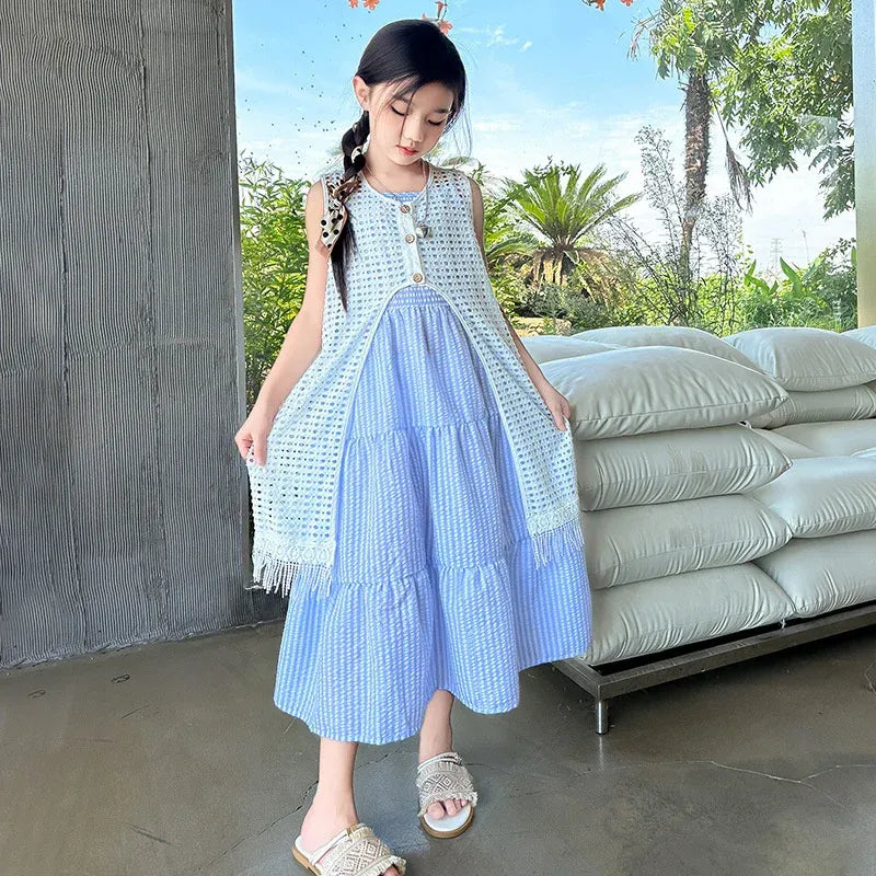 5-14Years Old Girls Dress Children Summer Sweet Beach Holiday Gown Kids Dresses Teenager Sleeveless Clothing Sets