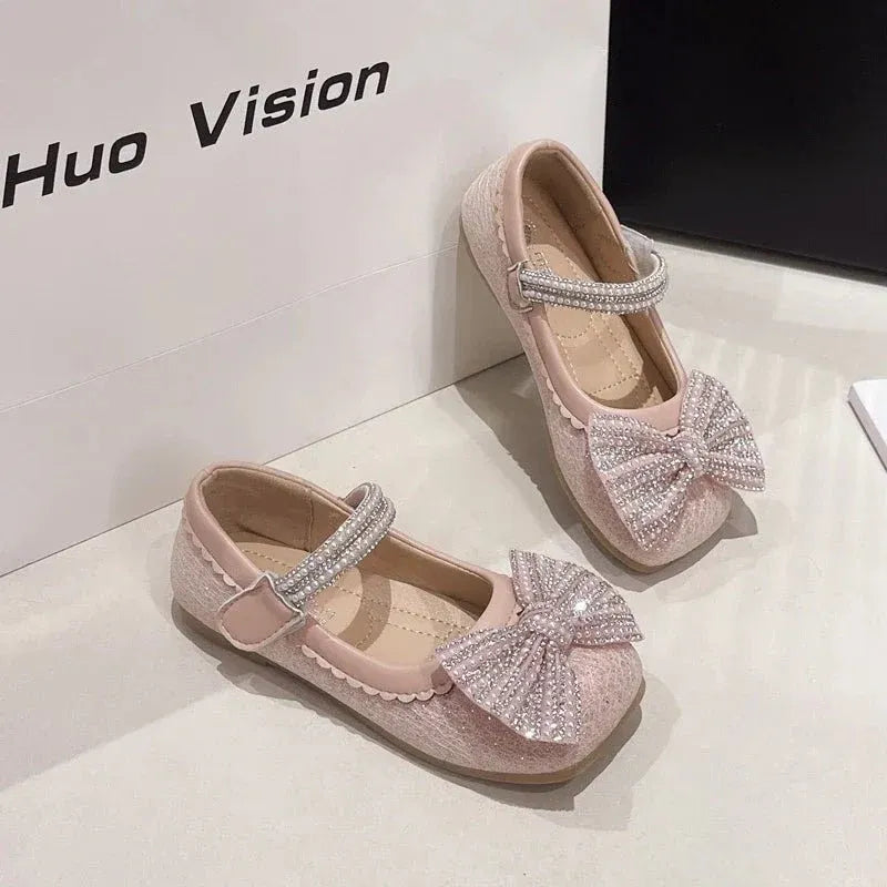 Children's Leather Shoes Bling Sequins Bowknot Princess Shoes for Girls Sweet Chic Kids Causal Wedding Shallow Versatile