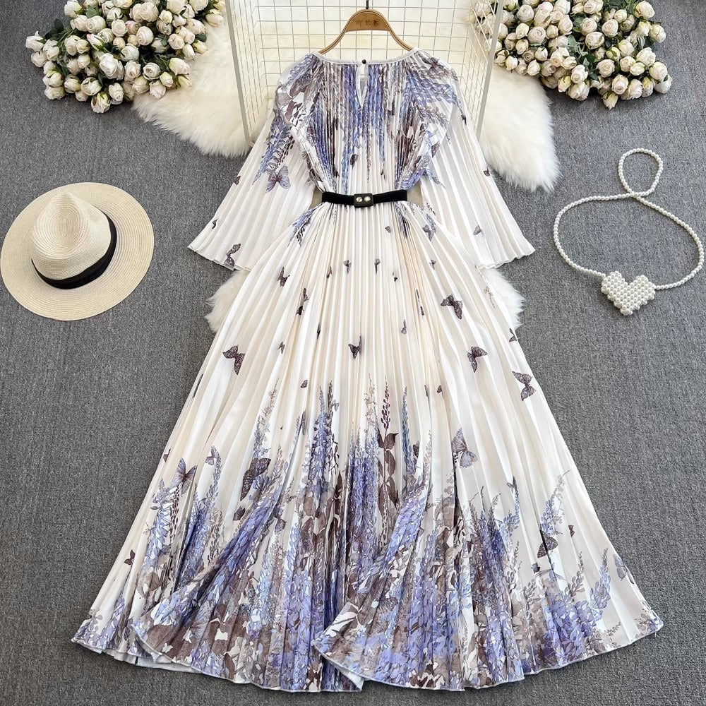 Cross-border luxury style three-quarter sleeve round neck waist-cinching A-line printed pleated dress with elegant full skirt