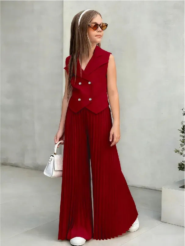 Little Girls 2-Pieces Western-Style Outfit for Girls: Sleeveless Blazer Top+Wide-Leg Pleated Pants