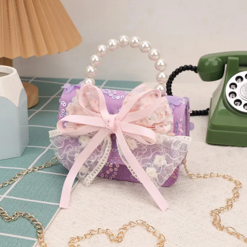 Cute Sequin Bow Kids Mini Square Shoulder Bags Versatile Children Chain Crossbody Bag Lace Girls Pearl Handbags Clutch Purse