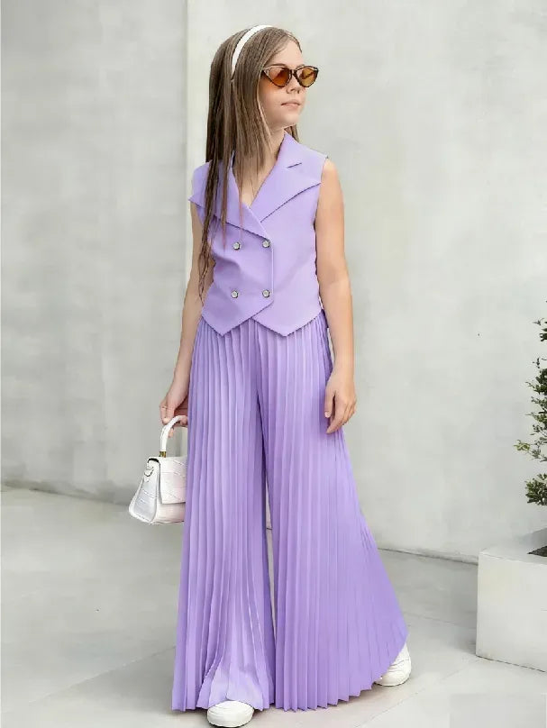 Little Girls 2-Pieces Western-Style Outfit for Girls: Sleeveless Blazer Top+Wide-Leg Pleated Pants