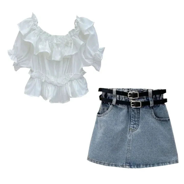 Girl's Clothing Sets Fashion Ruffled Top Short Sleeved T-shirt+ Baby Kids Denim Half Skirt Two-piece Set with Belt Included