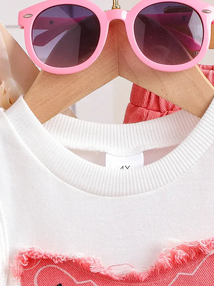 Unique Kid Set Summer Girl Sleeveless Applique Bow Camisole Top Ripped Denim Pants Two-Piece Children Suit Casual Comfortable