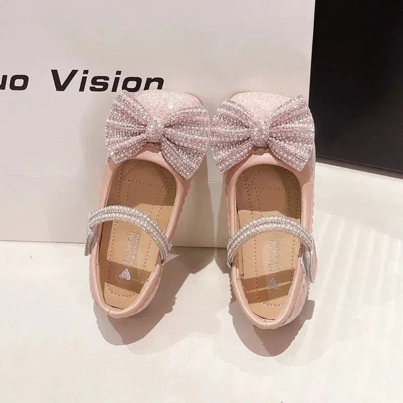 Children's Leather Shoes Bling Sequins Bowknot Princess Shoes for Girls Sweet Chic Kids Causal Wedding Shallow Versatile