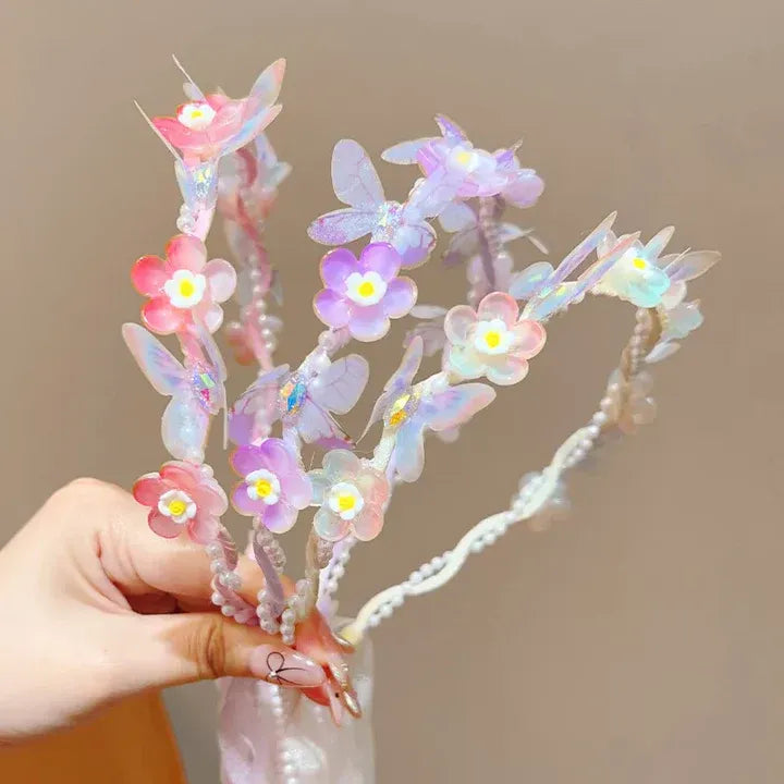 Sweet Wreath Ribbon Hair Hoops for Girl Cute Flower Butterfly Fairy Headdress Princess Braided Hair Bands