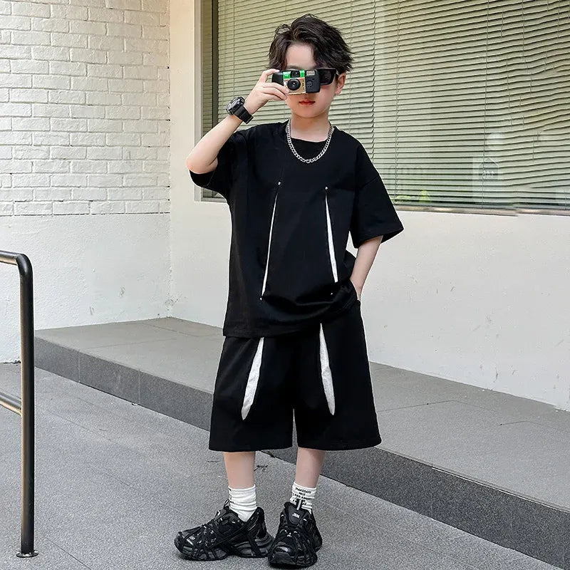 American Kids Design Double Cotton Gauze Clothing Set For Teenage Boy Casual Summer Top and Bottom Clothes Set Child Tracksuit
