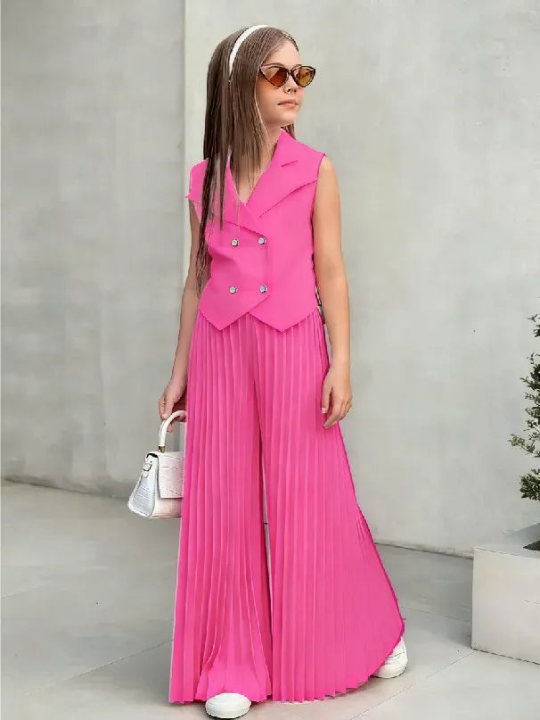 Little Girls 2-Pieces Western-Style Outfit for Girls: Sleeveless Blazer Top+Wide-Leg Pleated Pants