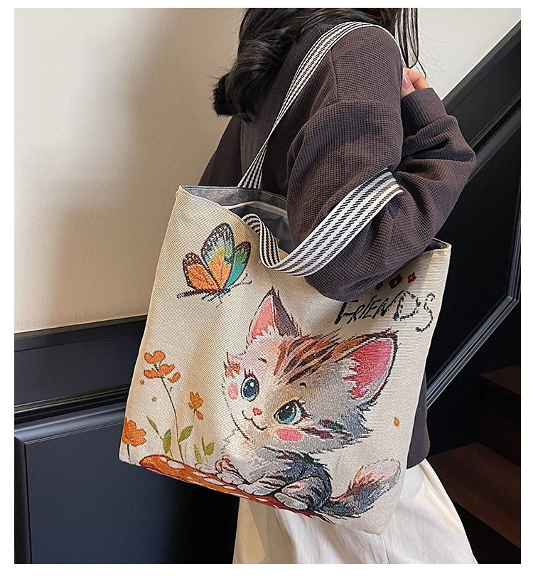 Korean Style Large-Capacity Embroidered Canvas Shoulder Bag for Women