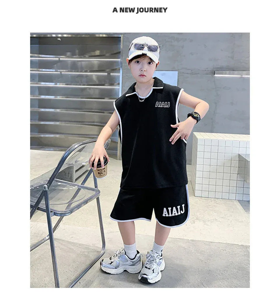 Boys Clothing Set American Style Children Vintage Vest Casual Sport Loose Pullover Sleeveless T-shirt Top Shorts Two-piece Set