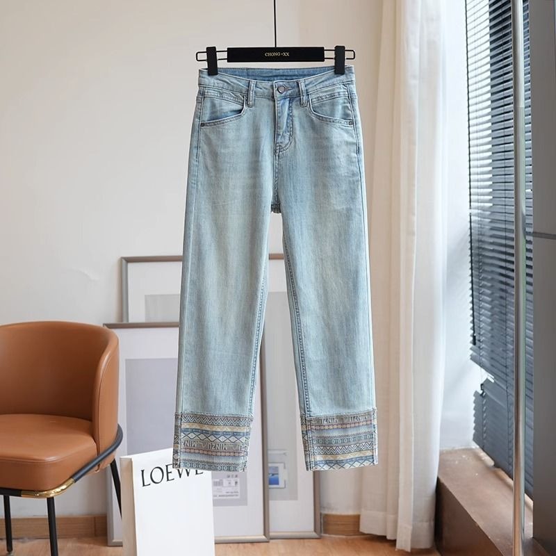 New niche retro ethnic style stitching jeans women's versatile casual slim slimming cropped straight pants
