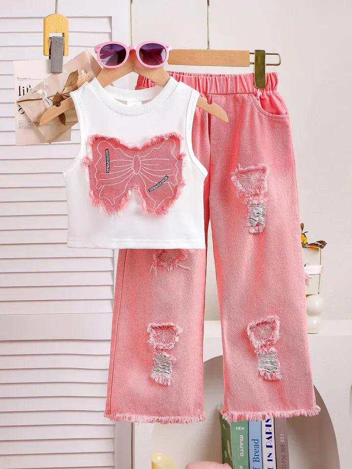 Unique Kid Set Summer Girl Sleeveless Applique Bow Camisole Top Ripped Denim Pants Two-Piece Children Suit Casual Comfortable