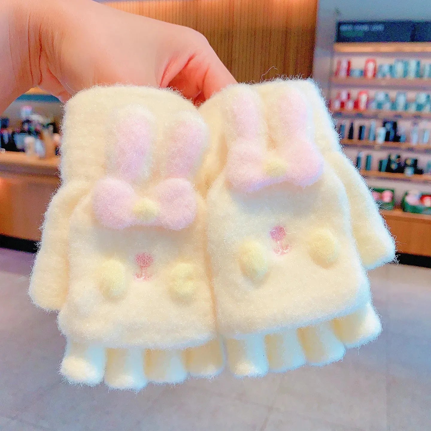 Winter Plush Knitted Cartoon Rabbit Flexible Flip-top Gloves Thicken Warm Cute Gloves For Baby Girls Half Finger Children Gloves