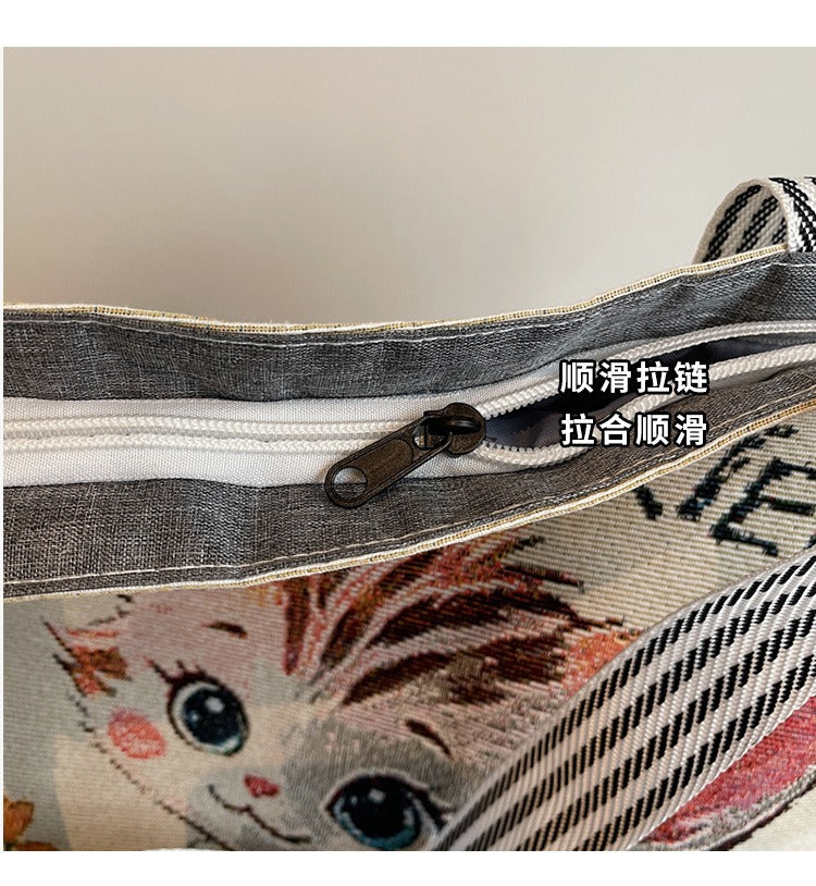 Korean Style Large-Capacity Embroidered Canvas Shoulder Bag for Women