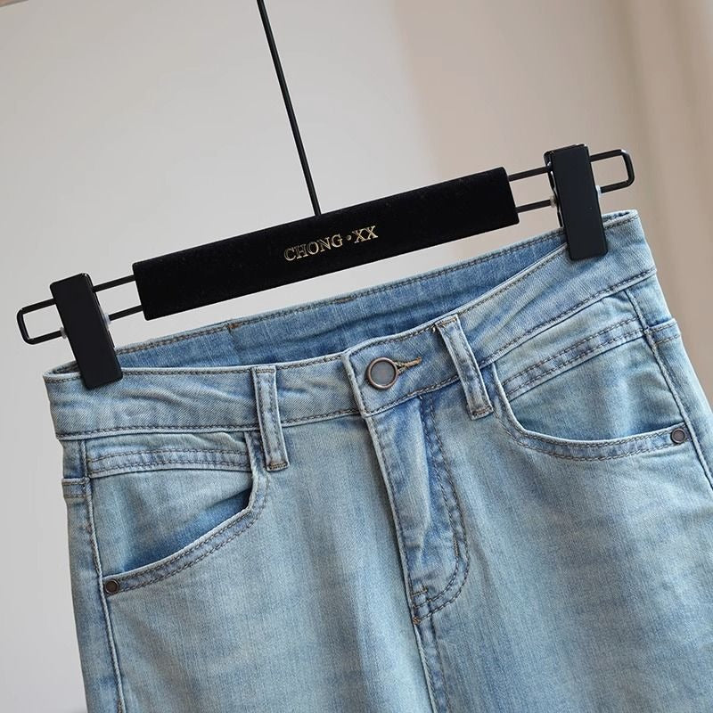 New niche retro ethnic style stitching jeans women's versatile casual slim slimming cropped straight pants