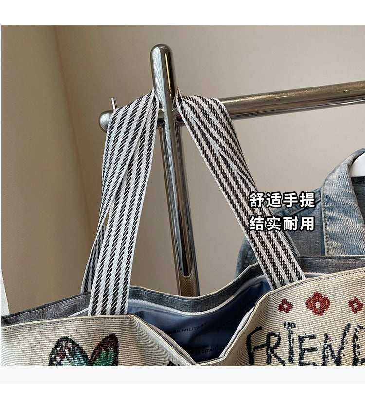 Korean Style Large-Capacity Embroidered Canvas Shoulder Bag for Women