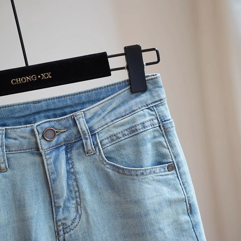 New niche retro ethnic style stitching jeans women's versatile casual slim slimming cropped straight pants