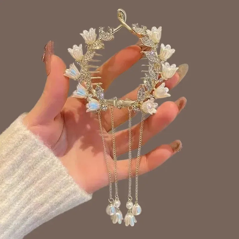 Ladies Butterfly Rhinestone Pearl Metal Hair Claw Round Bun Ponytail Holder