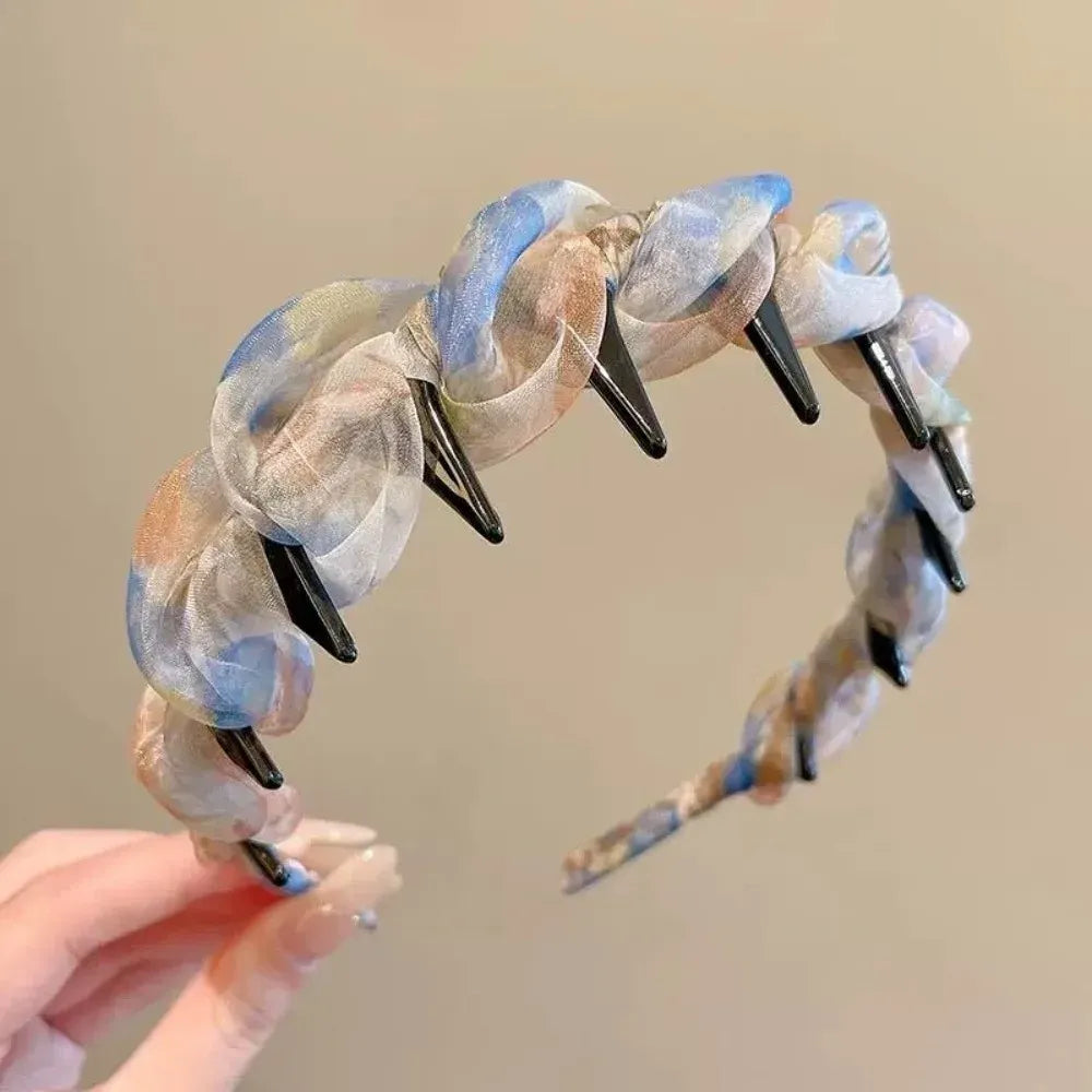 Fashion Lace Mesh Hairband Pleated U Shape Hair Comb Toothed High Cranium Hair Hoop for Women Girls