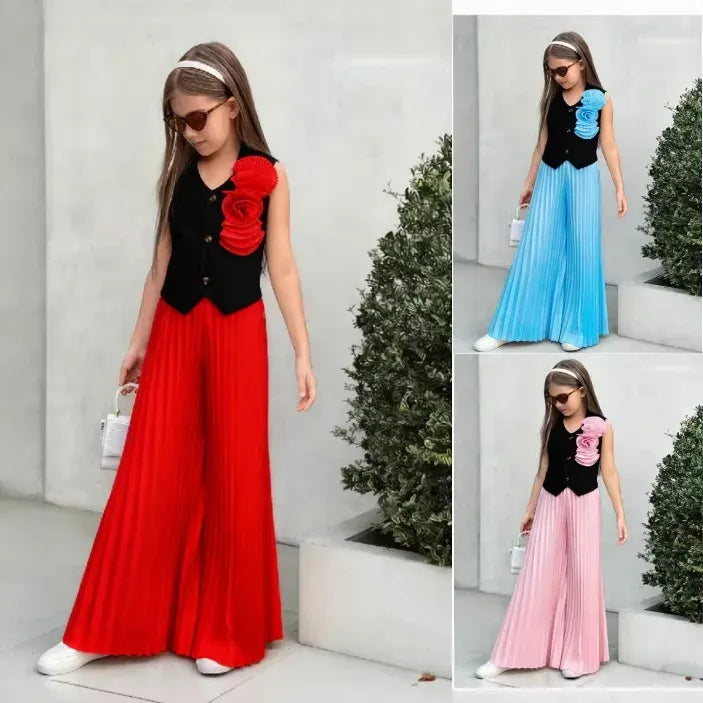 Little Girls 2-Pieces Western-Style Outfit for Girls: Sleeveless Blazer Top+Wide-Leg Pleated Pants