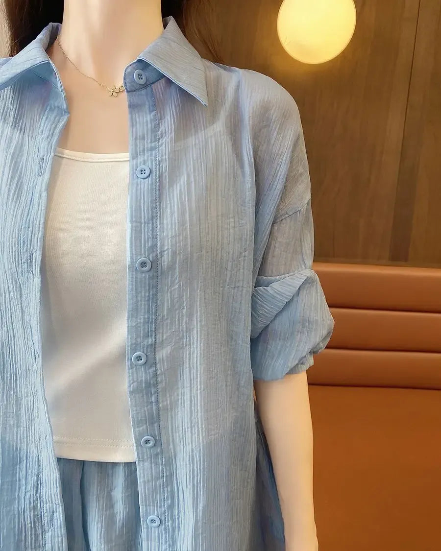 Spring and Summer Sun Protection Women's Set Stylish Loose Shirt Shorts High-end Elegant Women's Three Piece Set