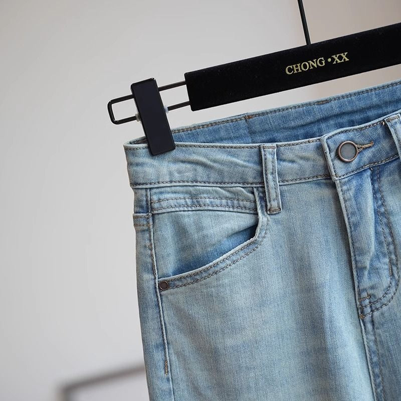 New niche retro ethnic style stitching jeans women's versatile casual slim slimming cropped straight pants