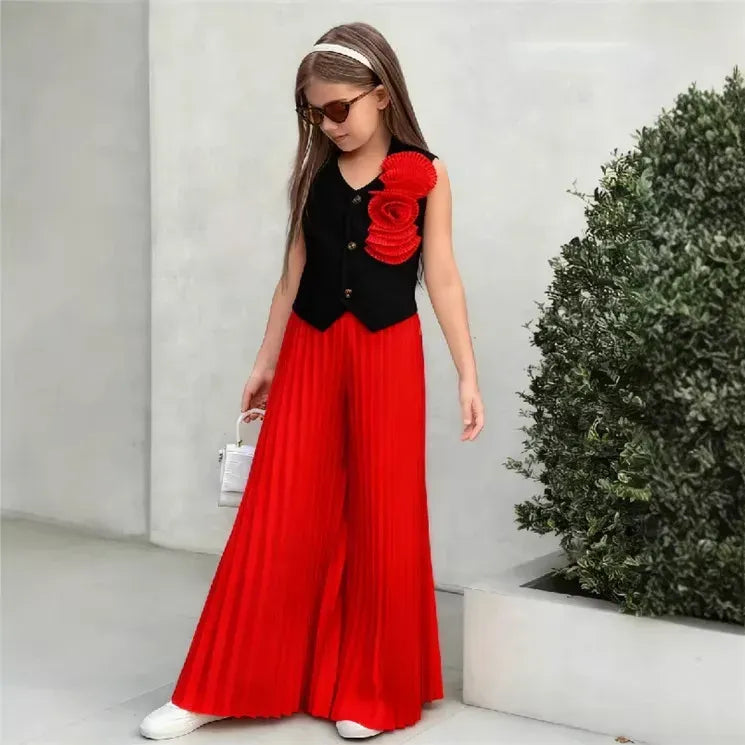 Little Girls 2-Pieces Western-Style Outfit for Girls: Sleeveless Blazer Top+Wide-Leg Pleated Pants
