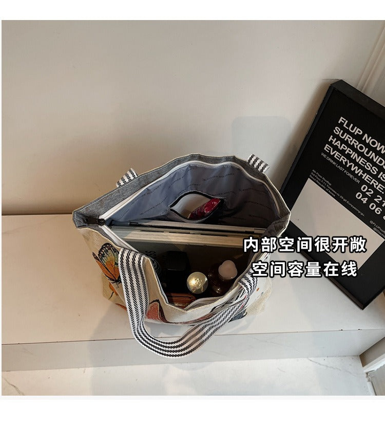 Korean Style Large-Capacity Embroidered Canvas Shoulder Bag for Women
