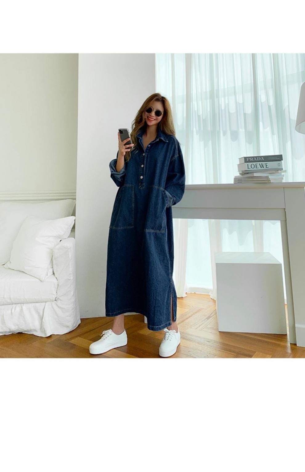 New Korean Retro Denim Loose Plus Size Relaxed Chic and Youthful Lapel Slit Workwear Dress