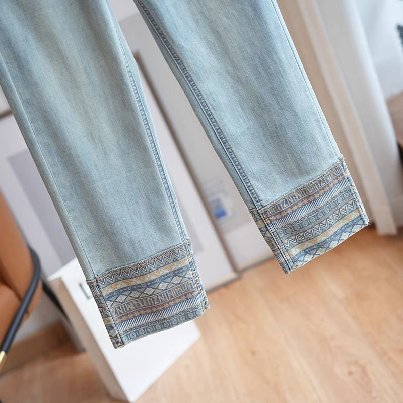 New niche retro ethnic style stitching jeans women's versatile casual slim slimming cropped straight pants