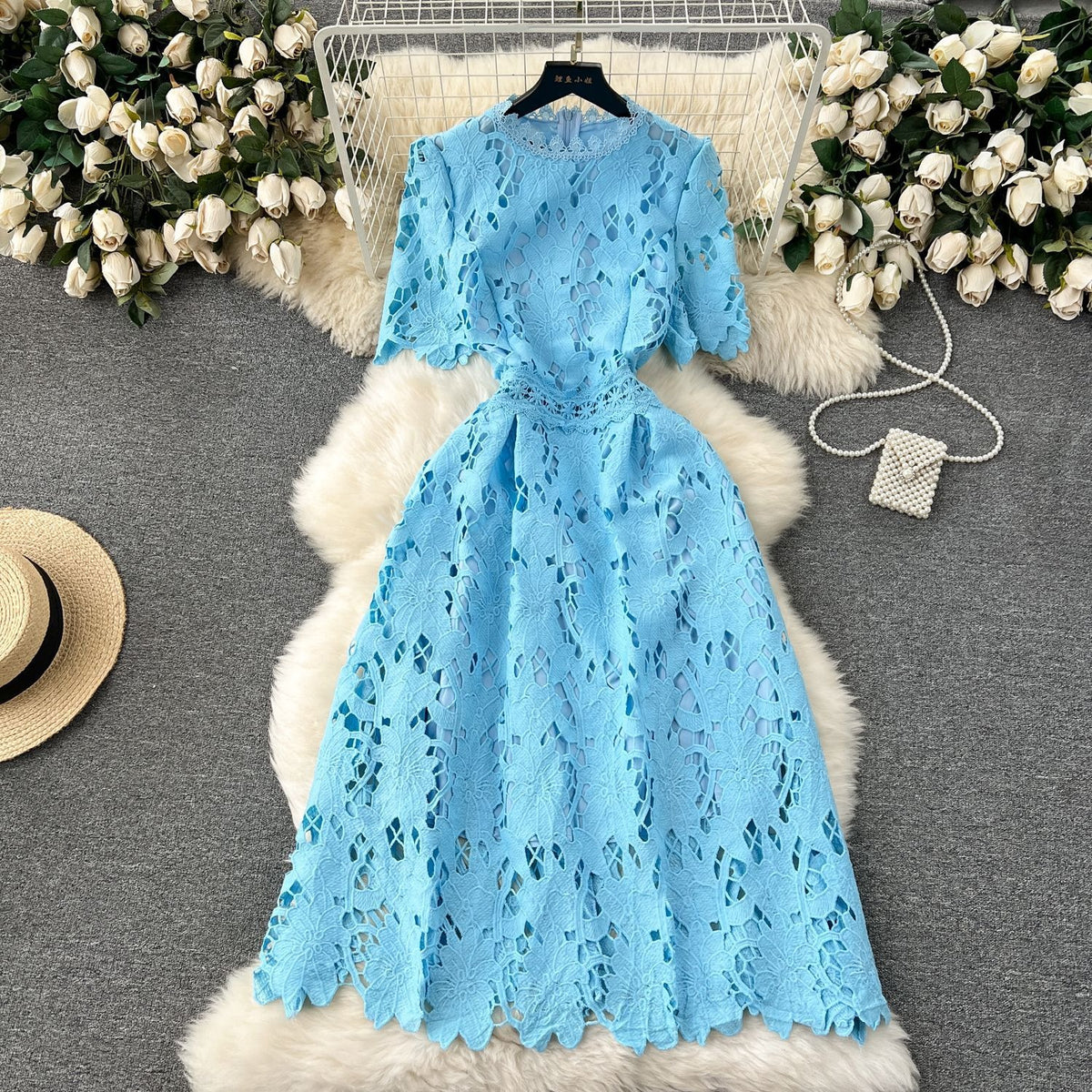 Cross-border dress, new style, women's spring and autumn heavy-duty water-soluble lace hollow texture mid-length dress/vacation dress