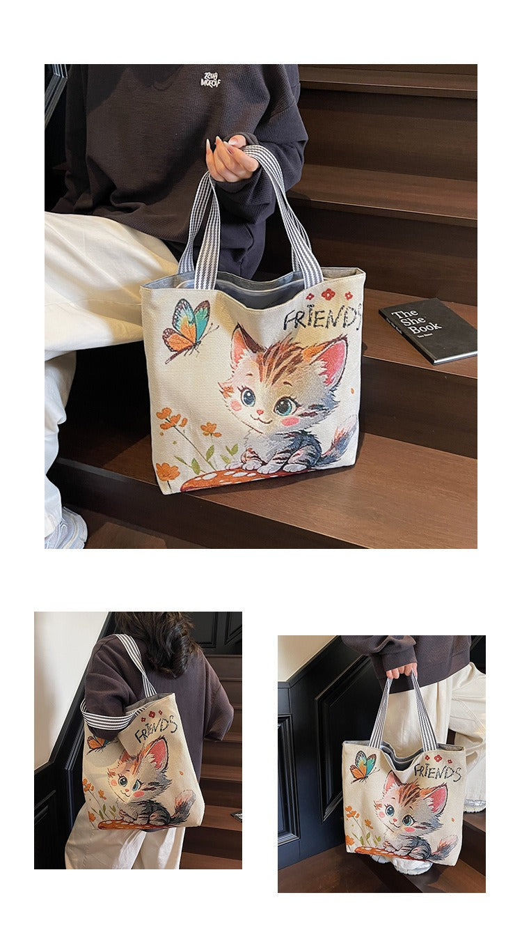 Korean Style Large-Capacity Embroidered Canvas Shoulder Bag for Women