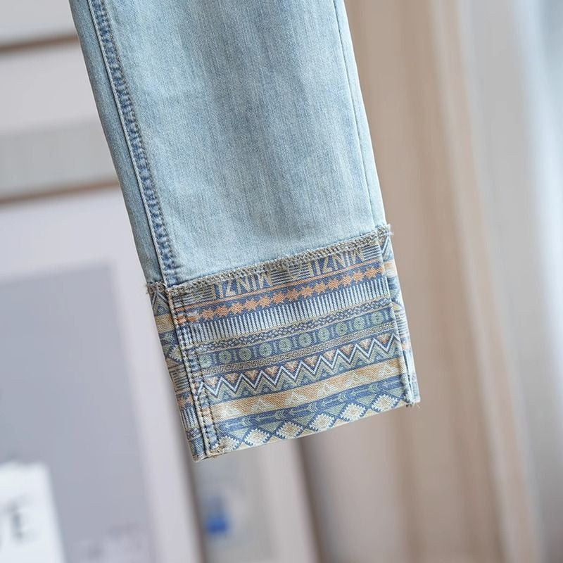 New niche retro ethnic style stitching jeans women's versatile casual slim slimming cropped straight pants