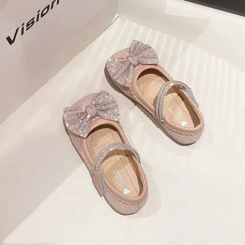 Children's Leather Shoes Bling Sequins Bowknot Princess Shoes for Girls Sweet Chic Kids Causal Wedding Shallow Versatile