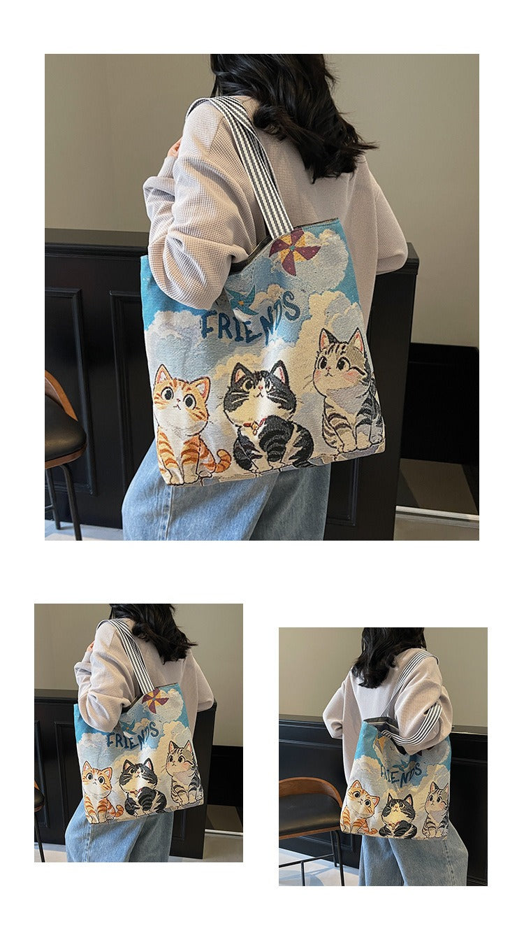 Korean Style Large-Capacity Embroidered Canvas Shoulder Bag for Women