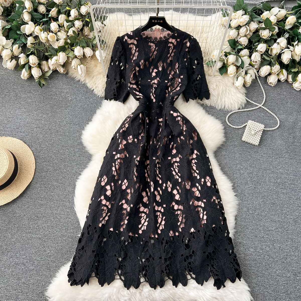 Cross-border dress, new style, women's spring and autumn heavy-duty water-soluble lace hollow texture mid-length dress/vacation dress