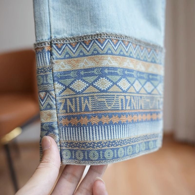 New niche retro ethnic style stitching jeans women's versatile casual slim slimming cropped straight pants