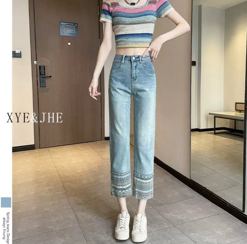 New niche retro ethnic style stitching jeans women's versatile casual slim slimming cropped straight pants